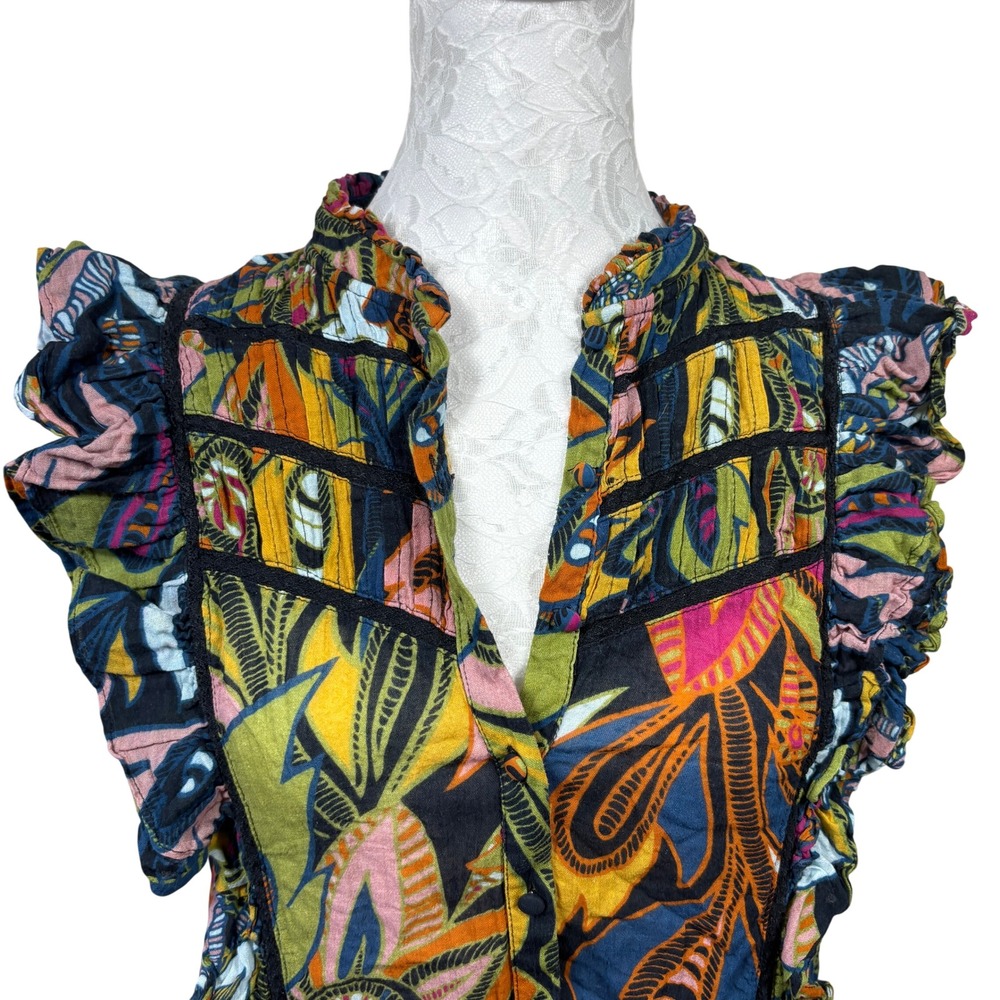 Allison New York Multicolor Ruffle Sleeve Abstract Button Up Top Blouse Womens M - Picture 2 of 9